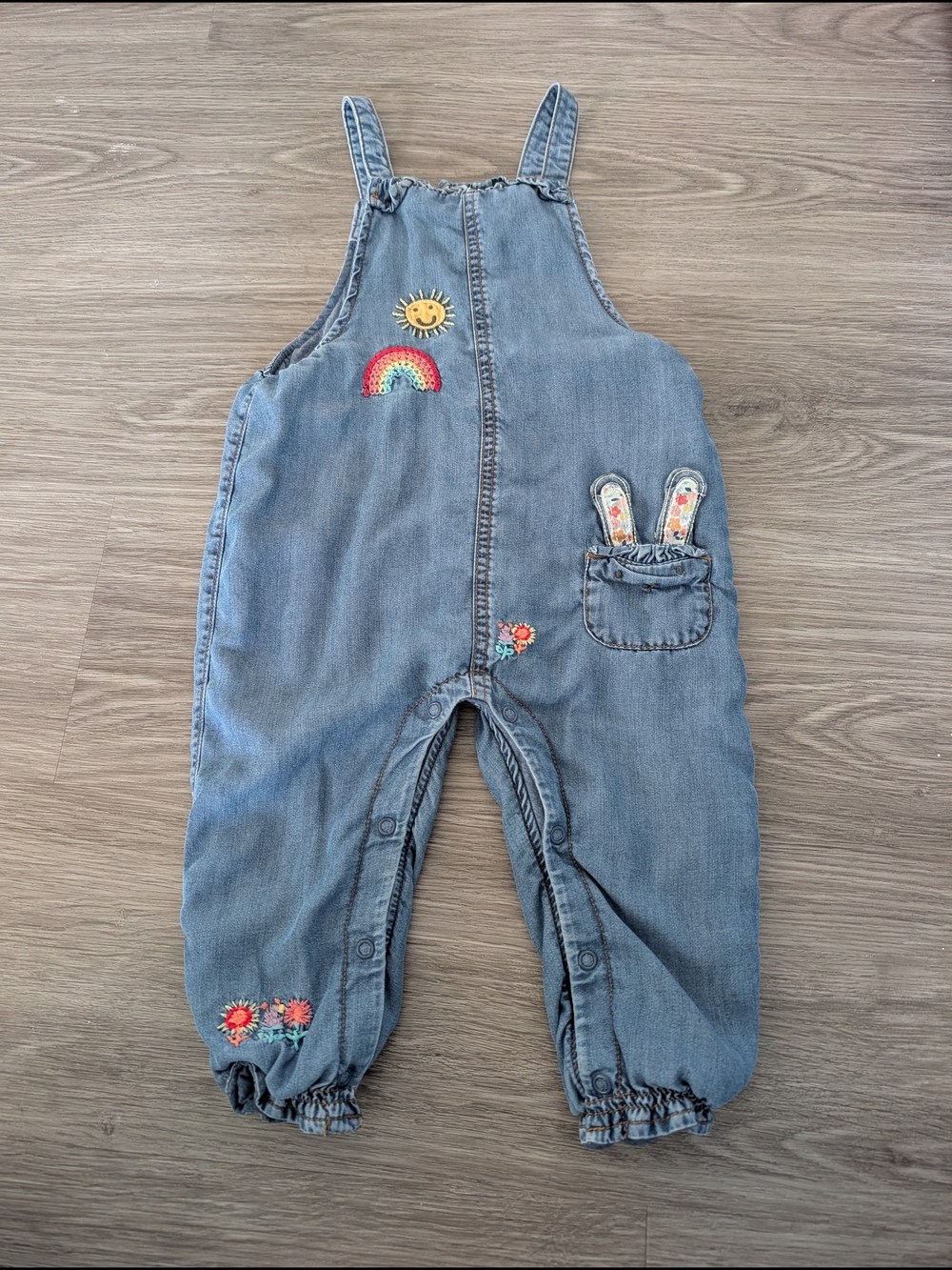 next Light Blue Denim Embroidered Overalls with Rainbow & Bunny Pocket